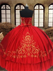 Latin America 15th Vestidos De Quinceanera Red Ball Gown With Gold Embroidery