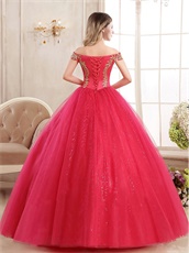 Coral Red Tulle Lady Prom Ball Gown With Vogue Golden Pineapple Applique