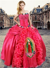 Coral Quinceanera Ball Gown Front Skirt With Blessed Virgin Mary Embroidery