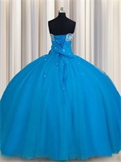 From Bust To Waist Full Polyester Boning Deep Sky Blue Quinceanera Gown With Crinoline