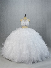Scoop Sheer Applique Two Pieces Reveal Belly White Dense Ruffle Court Quince Ball Gowns