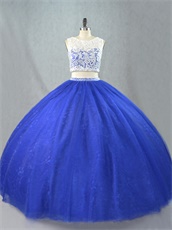 Two Piece Cashew Lace Covered Bodice Royal Blue Tulle Skirt Lace Inside Court Ball Gown
