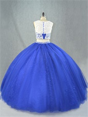 Two Piece Cashew Lace Covered Bodice Royal Blue Tulle Skirt Lace Inside Court Ball Gown