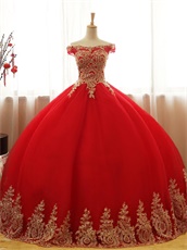 Off Shoulder Red Flat Tulle Puffy Quinceanera Ball Gown Gold Pineapple Pattern Applique