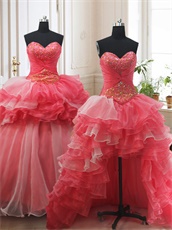 Detachable High Low Ruffles/Flat Big Ball Gown Coral Vestido de Quinceanera Basque 