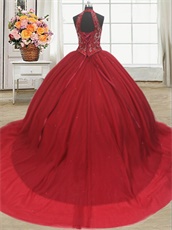 High Halter Flat Tulle Court Train Music Festival Wine Red Ball Gown Buyers Show