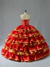 Vintage Western Gold Embroidery Layers Juniors Red Quinceanera Ball Gown Princess