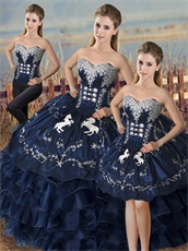 Detachable 3 Pieces Navy Satin and Organza Quinceanera Gown Embroidery Horse/Fastener