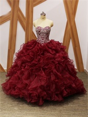 Silver Beading V-Shape Basque Wine Red Organza Dense Ruffles Quince Military Ball Gowns