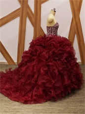 Silver Beading V-Shape Basque Wine Red Organza Dense Ruffles Quince Military Ball Gowns