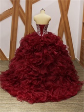 Silver Beading V-Shape Basque Wine Red Organza Dense Ruffles Quince Military Ball Gowns