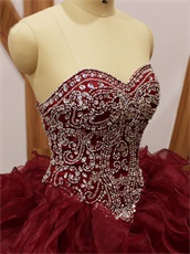 Silver Beading V-Shape Basque Wine Red Organza Dense Ruffles Quince Military Ball Gowns