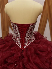 Silver Beading V-Shape Basque Wine Red Organza Dense Ruffles Quince Military Ball Gowns