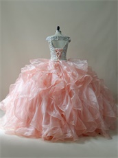 Scoop Off Shoulder Champagne Blouse Blush Pink Organza Ruffles Vestidos De Quinceanera