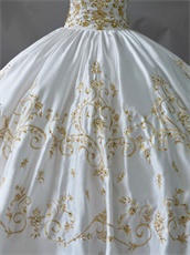 Pretty Plain Thick Satin White Western Quinceanera Girls Ball Gown Gold Embroidery