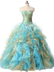 Princess Gold and Aqua Mingled Dense Organza Ruffles Quinceanera 16 Ball Gowns Cute