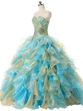 Princess Gold and Aqua Mingled Dense Organza Ruffles Quinceanera 16 Ball Gowns Cute