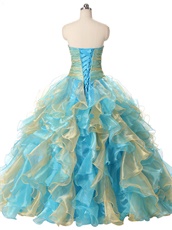Princess Gold and Aqua Mingled Dense Organza Ruffles Quinceanera 16 Ball Gowns Cute