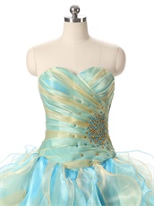 Princess Gold and Aqua Mingled Dense Organza Ruffles Quinceanera 16 Ball Gowns Cute