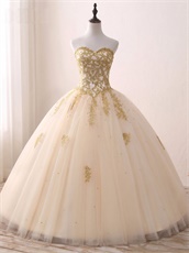 Princess Like Floor Length Champagne Gauze Quinceanera Ball Gowns Gold Applique 2019