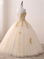 Princess Like Floor Length Champagne Gauze Quinceanera Ball Gowns Gold Applique 2019