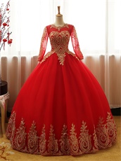 Gold Pineapple Applique Embellish Sheer Scoop Long Sleeves Red Quinceanera Court Dress