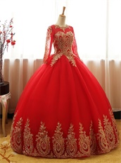 Gold Pineapple Applique Embellish Sheer Scoop Long Sleeves Red Quinceanera Court Dress