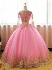 Gold Pineapple Applique Embellish Sheer Scoop Long Sleeves Red Quinceanera Court Dress