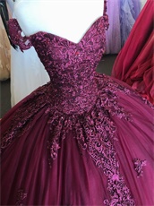 Off Shoulder Sweetheart Puffy Burgundy Tulle Quinceanera Cake Ball Gown With Applique