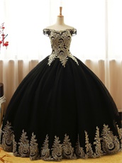 Off Shoulder Gold Pineapple Pattern Applique Black Tulle Quince Ball Gown Beautiful