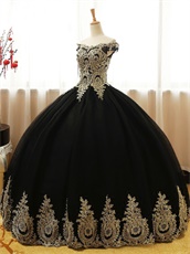 Off Shoulder Gold Pineapple Pattern Applique Black Tulle Quince Ball Gown Beautiful