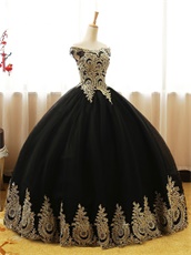 Off Shoulder Gold Pineapple Pattern Applique Black Tulle Quince Ball Gown Beautiful
