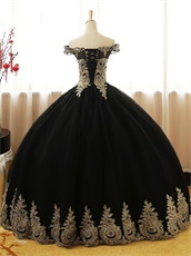 Off Shoulder Gold Pineapple Pattern Applique Black Tulle Quince Ball Gown Beautiful