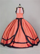 Scoop Red Thick Satin With Black Bordure/Overlapping Girls Quinceanera Birthday Gown