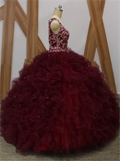 Silver Embroidery Blouse Dense Ruffles Burgundy Quince Gowns Heart-Shaped Cut Out Back