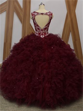 Silver Embroidery Blouse Dense Ruffles Burgundy Quince Gowns Heart-Shaped Cut Out Back