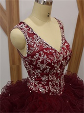 Silver Embroidery Blouse Dense Ruffles Burgundy Quince Gowns Heart-Shaped Cut Out Back