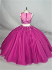 Style Of 2019 Two Pieces Beaded Bodice Fuchsia Fluffy Tulle Quinceanera Gowns Hot Sell