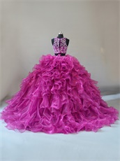 Factory Direct Two Pieces Deep Fuchsia Glossy Organza Military Ball Gown Court Train