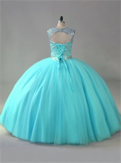 Sheer Scoop Neck Beading Bodice Ice Blue Tulle Dancing Quinceanera Ball Gown Elegant