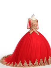 See Through Scoop Half Sleeves Gold Applique Red Mesh Quince Ball Gown Chapel Train