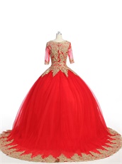 See Through Scoop Half Sleeves Gold Applique Red Mesh Quince Ball Gown Chapel Train