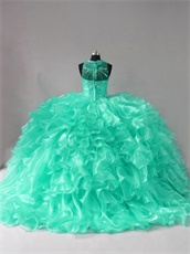 Hollow Out Cleavage Apple Green Ruffles Sweep Train Vestidos De Quinceanera Queen