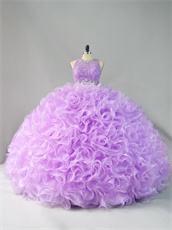 Two Pieces Scoop Applique Blouse Lilac Curly Ruffles Graceful Quinceanera Cake Gowns