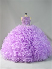 Two Pieces Scoop Applique Blouse Lilac Curly Ruffles Graceful Quinceanera Cake Gowns