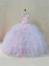 Sheer Scoop Crystals Bodice Baby Pink/Ice Blue Mixed Ruffles Quinceanera Dress Gowns