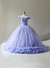 Puffy Lavender Tulle Handmade 3D Flower Cathedral Train Fairyland Quinceanera Ball Gown