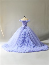 Puffy Lavender Tulle Handmade 3D Flower Cathedral Train Fairyland Quinceanera Ball Gown