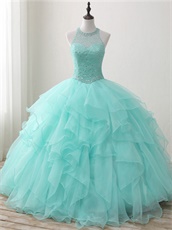 Pearl and Crystals Sheer Scoop Blouse Mint Green Ruffles Pretty Quinceanera Court Dress