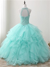 Pearl and Crystals Sheer Scoop Blouse Mint Green Ruffles Pretty Quinceanera Court Dress